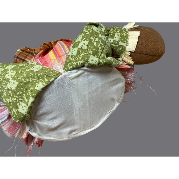 Handmade Scarecrow Plush Doll Shelf Sitter With Red Hat & Plaid Skirt Fall Decor - Picture 8 of 10